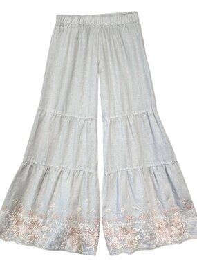 JOHNNY WAS SIENNE TIER FLARE LINEN PANT BOHO FLORAL EMBROIDERY HIPPIE GLAM PS